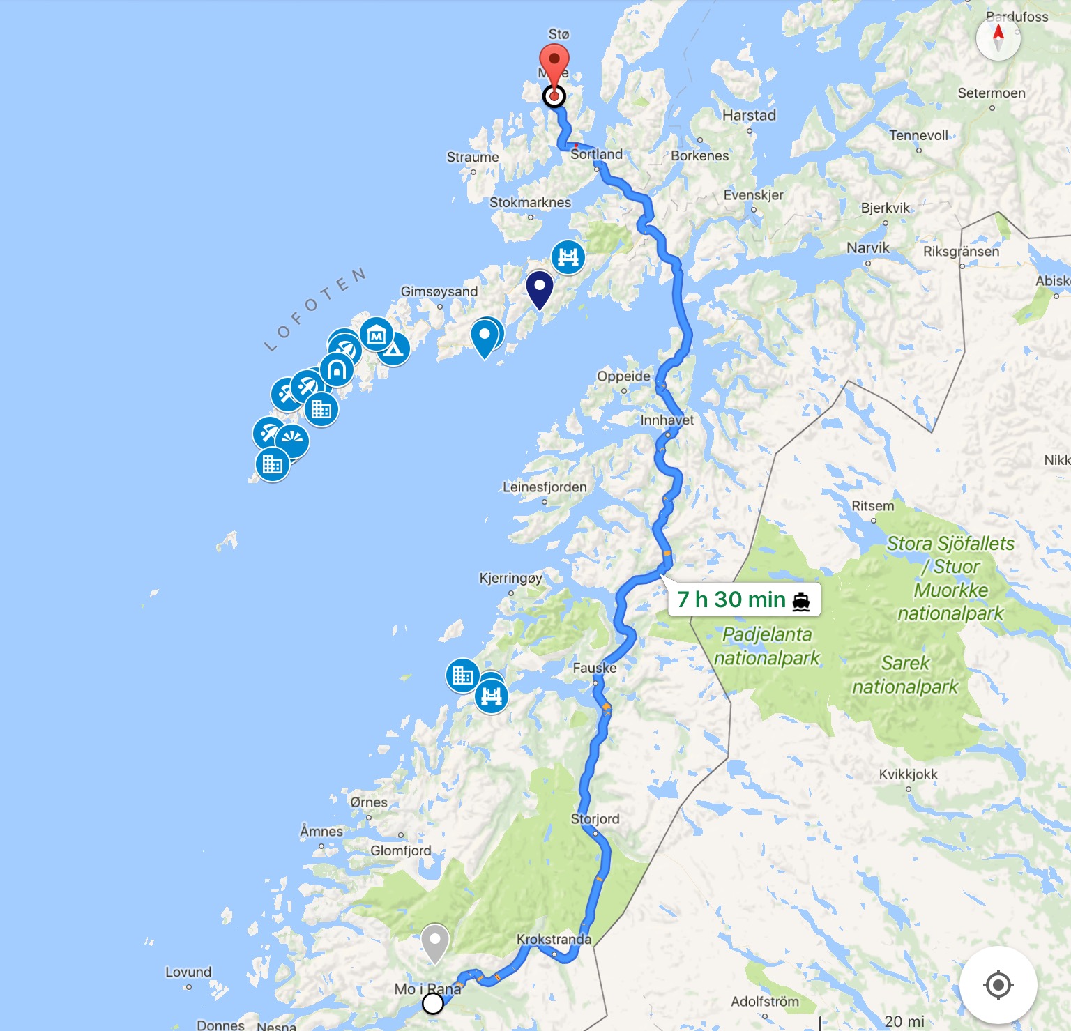 Route vom 23.08.2017 von Mo i Rana nach Myre auf den Vesterålen